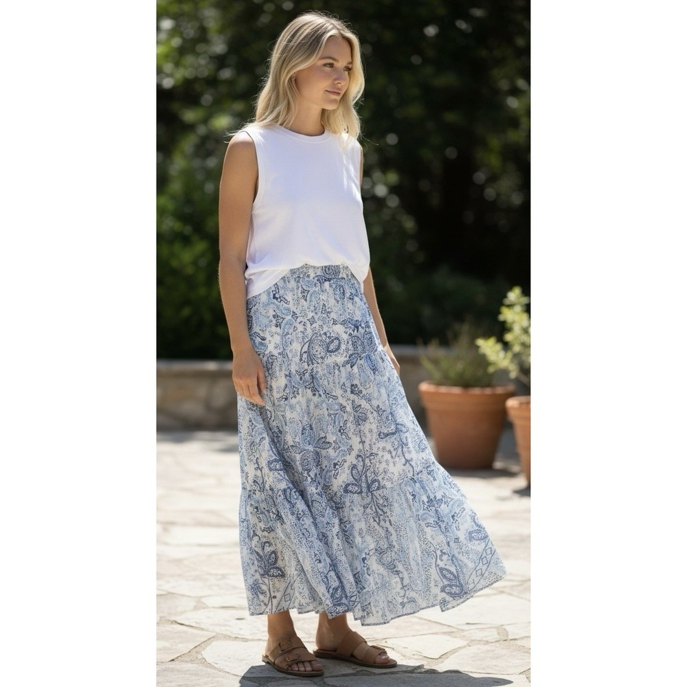 Lauren Ralph Lauren Silk Paisley Maxi Skirt Blue Tiered Fairy Y2K Vintage M